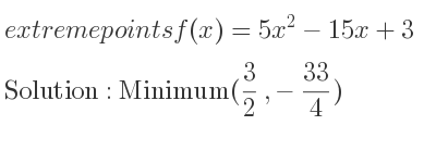 The extreme points of f(x)=5x^2-15x+3 are Minimum(3/2 ,-33/4)